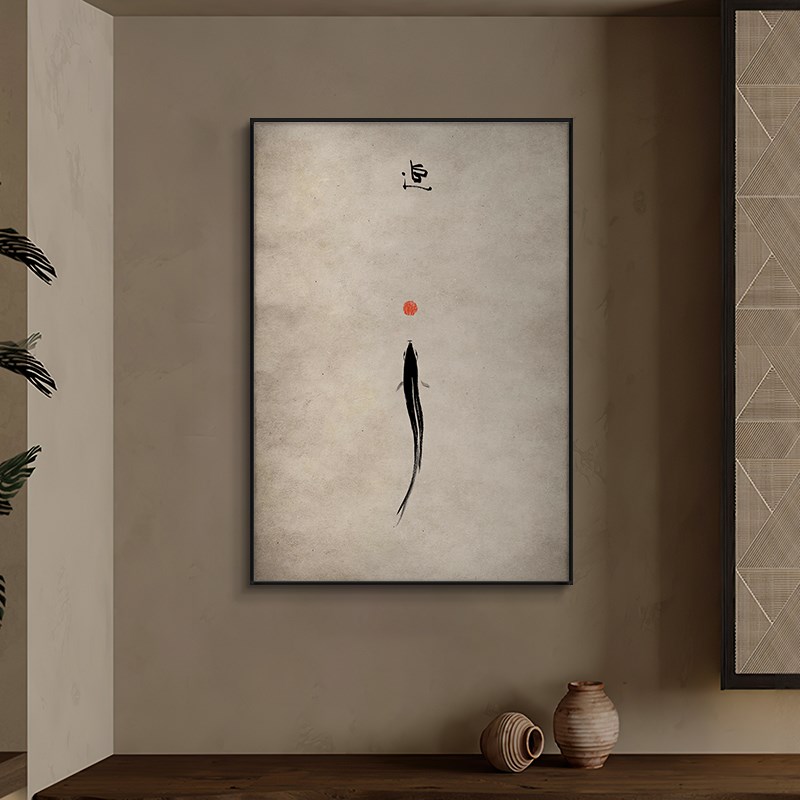 水墨游鱼新中式客厅装饰画中古侘寄风玄关茶室挂画酒店民宿壁画框图片