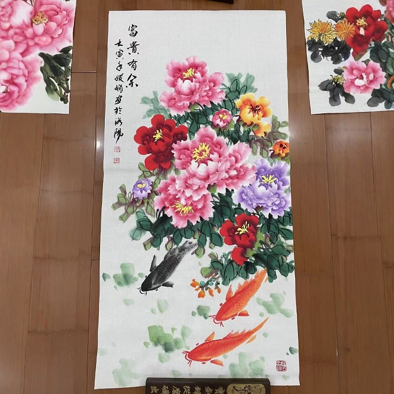手绘国画牡丹中式客厅装饰画过道竖挂画字画卷轴玄关装裱花开富贵图片