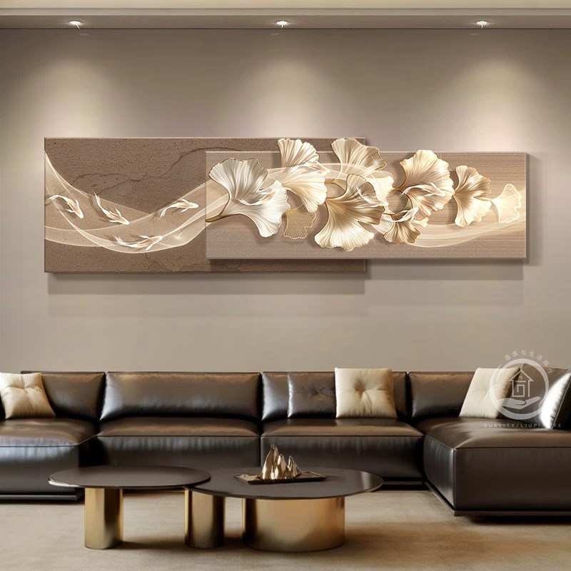 银杏叶现代轻奢客厅沙发装饰画高档九鱼图电视背景墙2025新款挂画图片