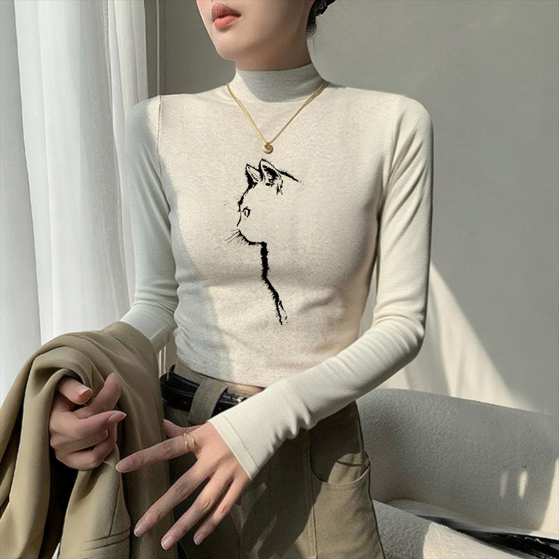 浅灰色长袖t恤女紧身百搭短款印花ins潮半高领打底衫小蛮腰上衣服