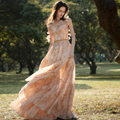 疏时 古典风格 定位印花吊带&大摆裙