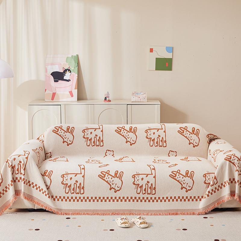 卡通萌趣喵兔沙发巾雪尼尔防猫抓一片式沙发盖布沙发套罩沙发毯