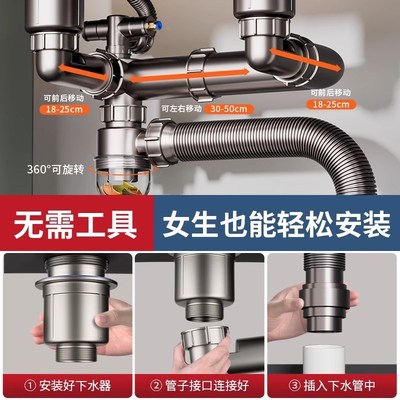厨房洗菜盆下水管配件水槽单双槽防臭排水三通洗碗池下水器全套装