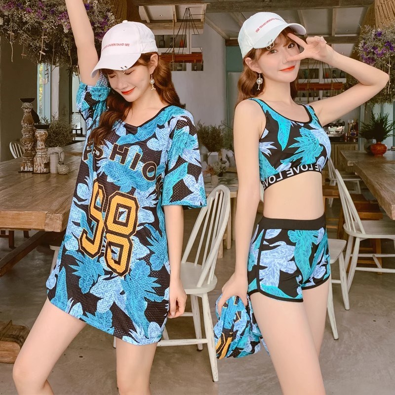 新款游泳衣女士分体三件套保守遮肚显瘦运动款胖mm大码泡温泉泳装