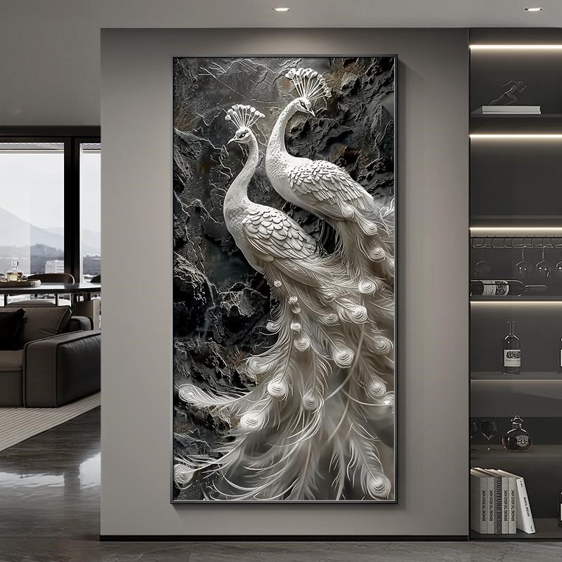 孔雀挂画入户玄关装饰画竖版高级感浮雕感肌理画过道走廊尽头壁画图片