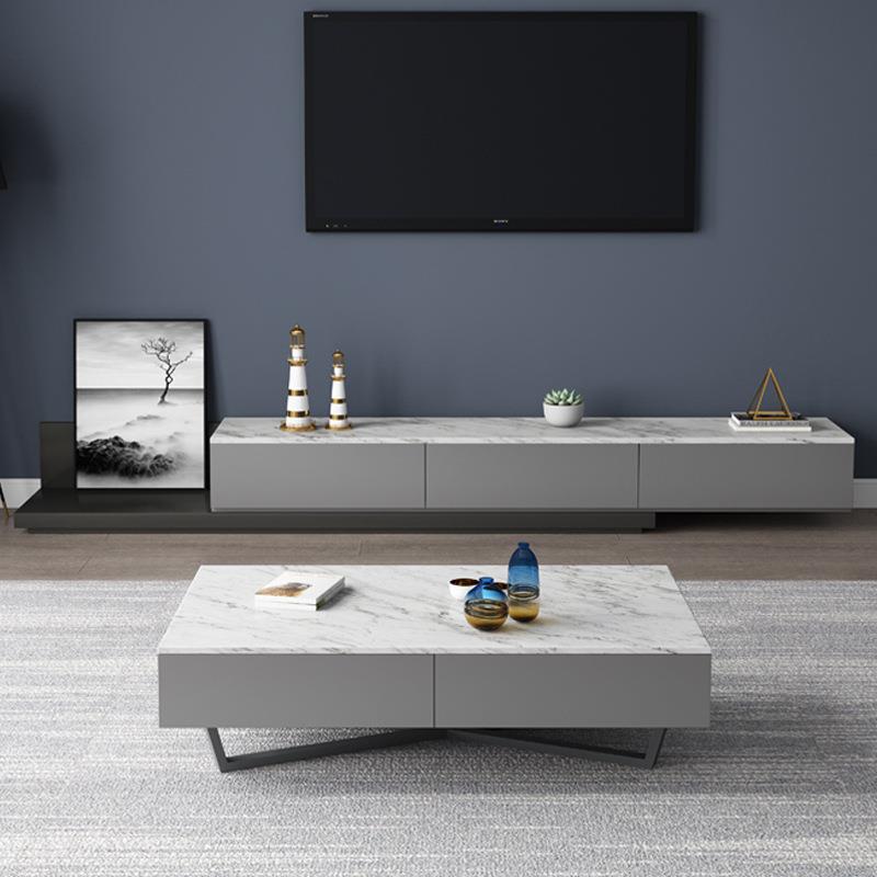 北欧大理石茶几电视柜组合简约现代客厅伸缩茶几轻奢极简茶几地柜