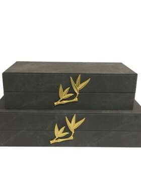 新中式极简风灰色晕染麻布竹叶五金首饰收纳盒（直发）