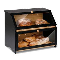 新款竹制面包箱厨房柜台用黑色双层面包盒木制大容量面包收纳盒
