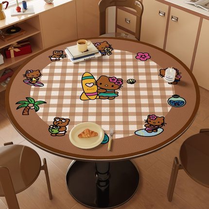 黑皮HelloKitty圆形桌垫2026新款防油防水耐脏皮革茶几桌面保护垫
