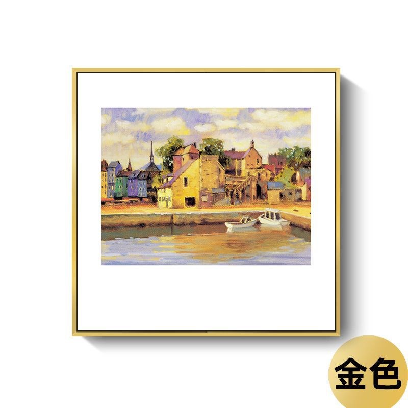 现代简约装饰画欧式建筑湖面小船风景油画轻奢装饰画玄关客厅挂画图片