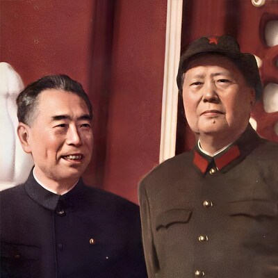 毛主席与周总理在天安门城楼-1966年伟人像古风挂墙带框书房装饰