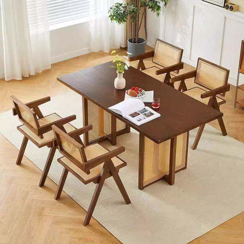 民宿小户型长方形简约餐桌椅家用藤编桌子组合北欧实木餐桌