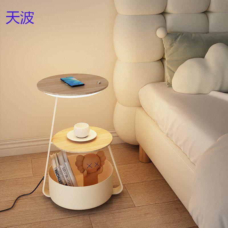 bts奶油风卧室床头柜台灯一体客厅沙发边几落地灯无线充电氛围立