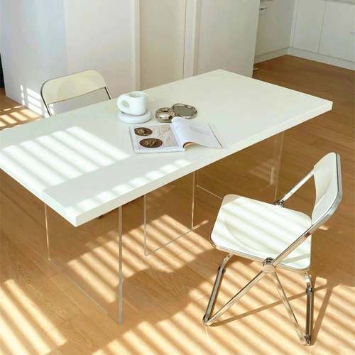 轻奢亚克力悬浮办公桌设计师创意白色工作台网红工作室原木长条桌