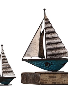 北欧复古做旧铁艺帆船摆件样板间客厅办公室电视柜装饰品一帆风顺