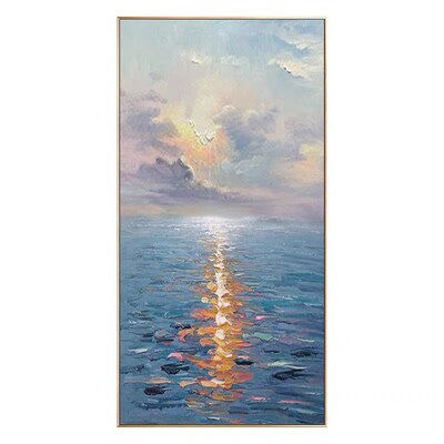 旭日东升北欧入户玄关装饰画竖版走廊尽头挂画蓝色系海景手绘油画