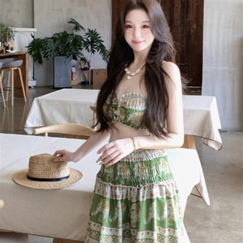 夏季新款印花波西米亚风泡温泉分体泳衣抹胸碎花海边沙滩长裙