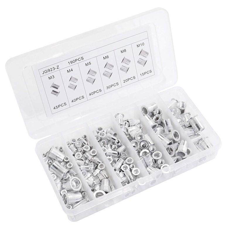 190pcs套装铝拉铆螺母银色铝合金套装平头拉铆螺母M3-M10系列盒装