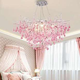 粉色水晶吊灯卧室灯少女心七彩儿童房女孩房法式轻奢公主水晶灯家