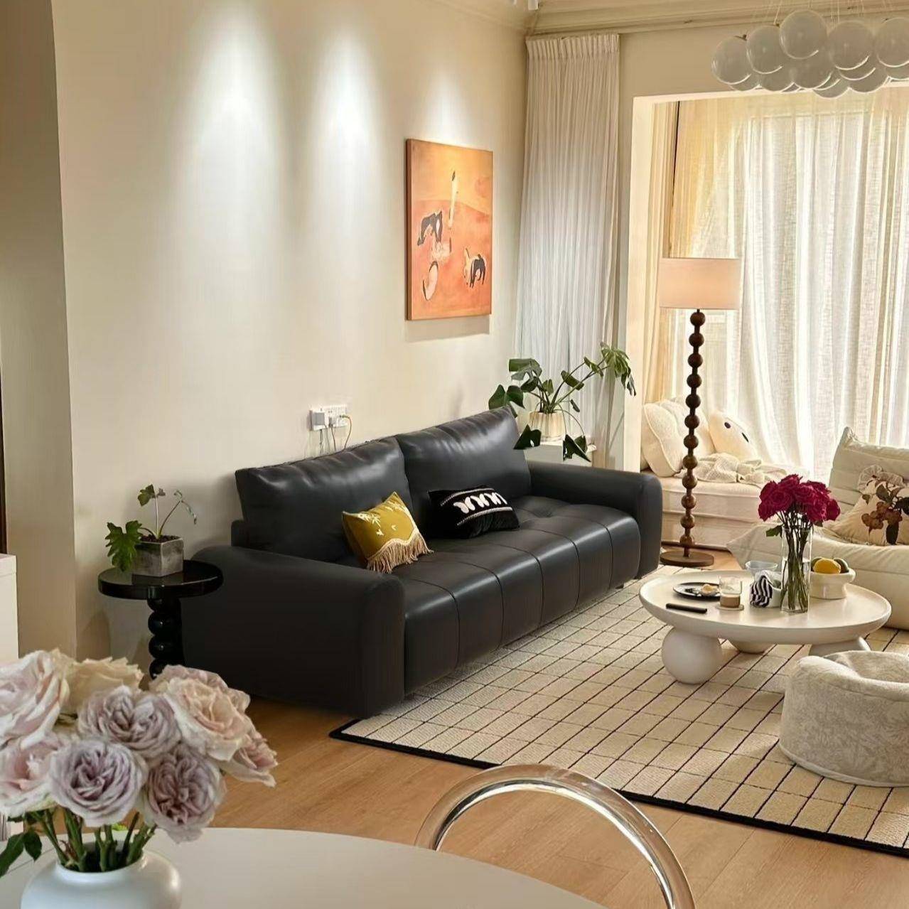 黑色皮艺沙发家用客厅意式极简轻奢复古小户型公寓会议直排沙发