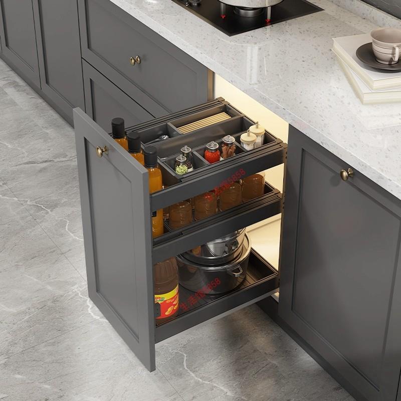 新款三层厨房橱柜太空铝合金抽屉式抽中抽工具碗碟调味拉篮淳枫