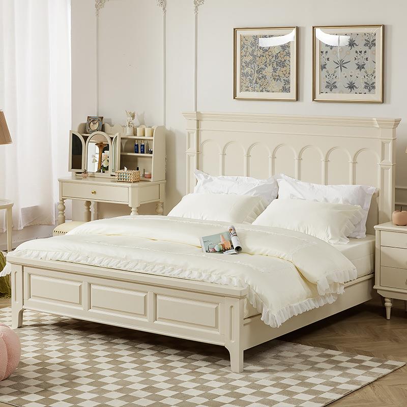 法式奶油风实木床简约白色美式主卧室家具原木高箱储物2米双人床