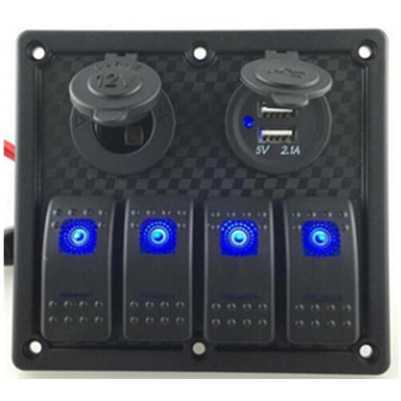4位船型开关面板ON-OFF双灯配双USB+12V电源汽车4GANG开关板z