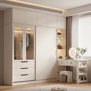 奶油风推拉门衣柜书桌一体转角小户型家用卧室储物柜实木颗粒衣橱