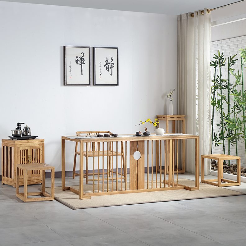 茶桌椅组合新中式榆木免漆泡茶台禅意原木简约餐桌实木办公桌书桌