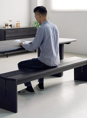 换鞋凳白化餐凳坂碳蜡长条凳木玄关黑色\侘寂木卧室床尾凳蜡白|安