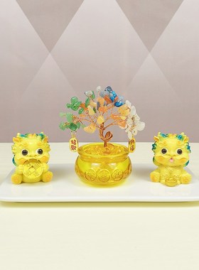 招财貔貅公母一对聚宝盆发财树摆件紫黄水晶客厅酒柜办公室招财猫