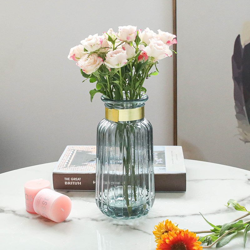 北欧简约ins冷竖纹圆口手金边质感透明玻璃花瓶插花艺器家居摆件