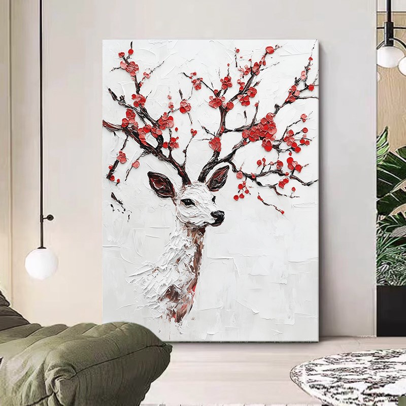 简约风纯手绘油画抽象梅花麋鹿装饰画客厅玄关肌理画大芬村挂画图片