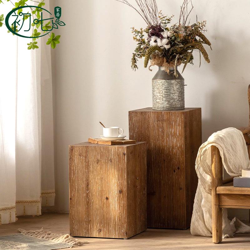 美式客厅沙发边几婚庆拍摄道具复古做旧花架卧室床头茶几小方桌