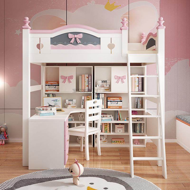 Bw2上床下桌上下铺木床儿童女孩公主床带书桌衣柜一体多功能组合