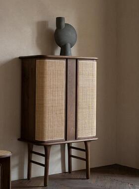 北美黑胡桃木樱桃木日式藤编酒柜客厅大容量收纳储物柜复古餐边柜