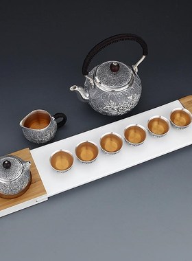新银器 银壶 银制品 纯银999 银茶具 银茶壶 银茶杯 花开富贵
