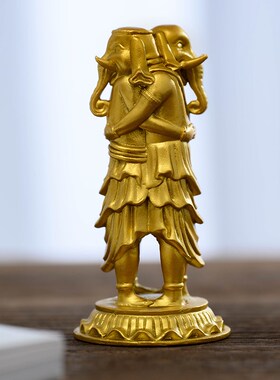 金色拥抱大圣欢喜自在天佛像摆件黄铜象头财神精致随身佛书房装饰