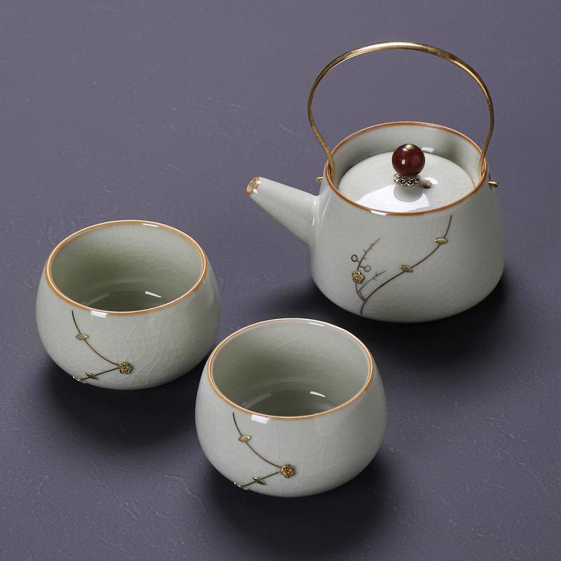 汝窑锯钉开片茶具一壶两杯简约家用提梁壶泡茶小套装办公喝茶高档