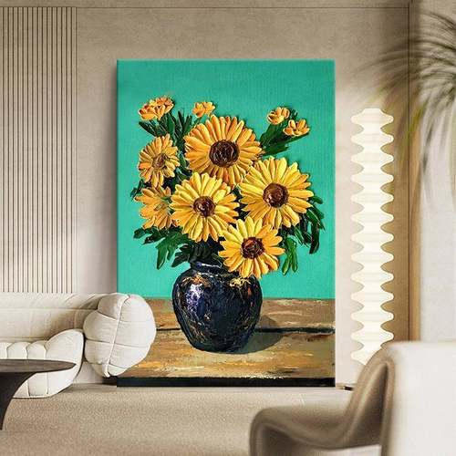 世界名画玄关画现代轻奢高档客厅手绘油画肌理画向日葵凡高装饰画