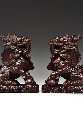 黑檀木雕麒麟摆件一对木制家居办公室客厅卧室装饰工艺品开业送礼