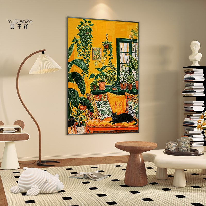 法式复古客厅玄关装饰画抽象绿植壁画马蒂斯猫咪酒店民宿竖版挂画图片