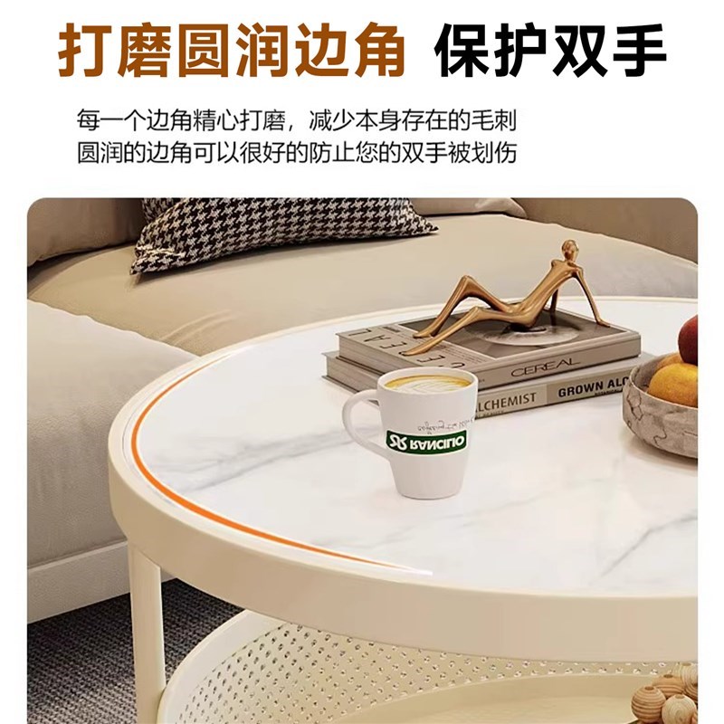 热销圆桌茶几轻奢奶油风储物桌客厅家用小圆桌小户型可移动带轮小