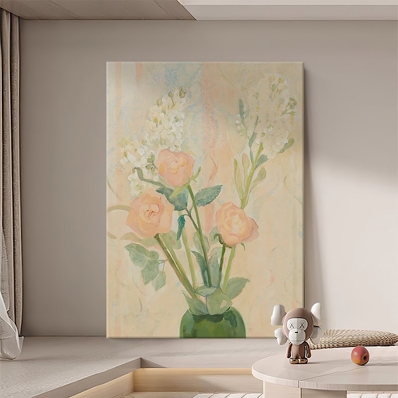 奶油风客厅落地装饰画丙烯画植物花卉纯手绘油画法式入户玄关挂画图片