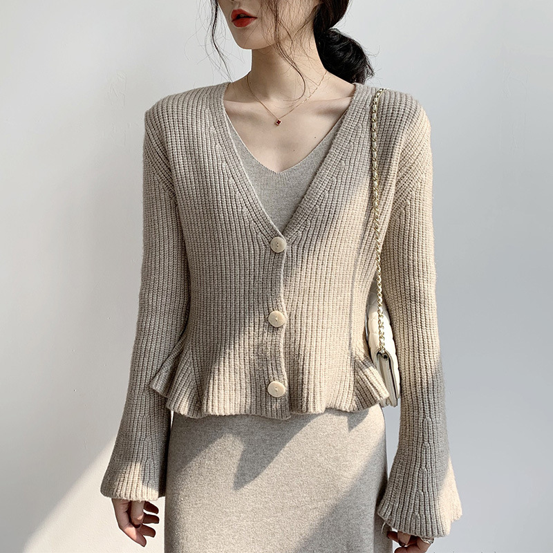 法式V领针织开衫女高腰短款喇叭袖外搭2023新款女装针织衫女外套