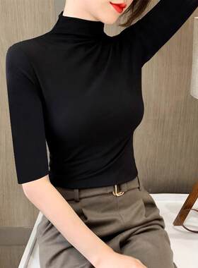 半高领打底衫七分中袖t恤女半袖紧身五分袖上衣