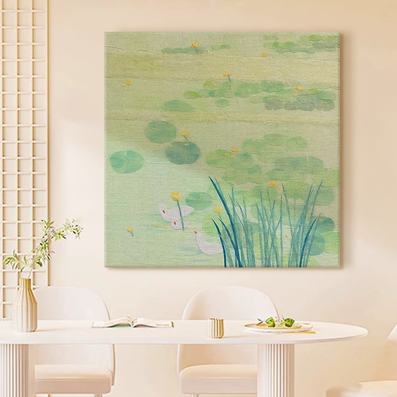 奶油风绿色荷叶手绘油画抽象荷花餐厅卧室挂画和和美美客厅装饰画图片
