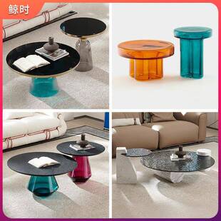 轻奢创意圆形玻璃茶几组合客厅水波纹大小茶几设计师小户型茶几桌