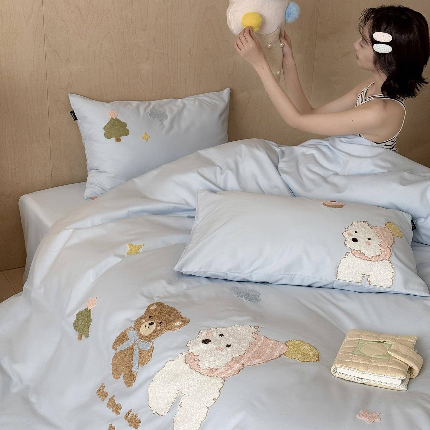 暖呼呼~敲可爱|100支长绒棉磨毛四件套全棉高端卡通毛巾绣床品