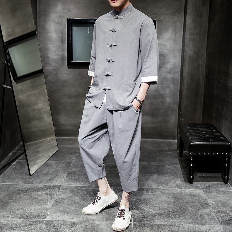 女国潮定制印LOGO中国风套装男中式服务员工作服唐装厨师服餐饮